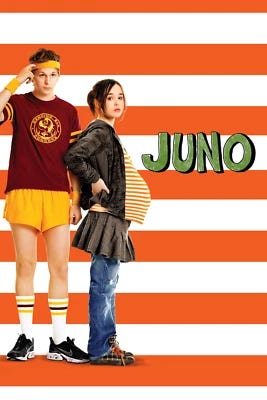 Juno movie poster featuring Ellen Page in red and yellow uniform with matching sneakers and Michael Cera in blue shirt.