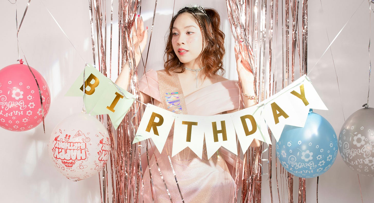 A funny, silly image of a young 20something female at her disappointing birthday or half-birthday party. Balloons turned upside down. Sad birthday streamers. Not quite the special birthday / b-day she was hoping for...