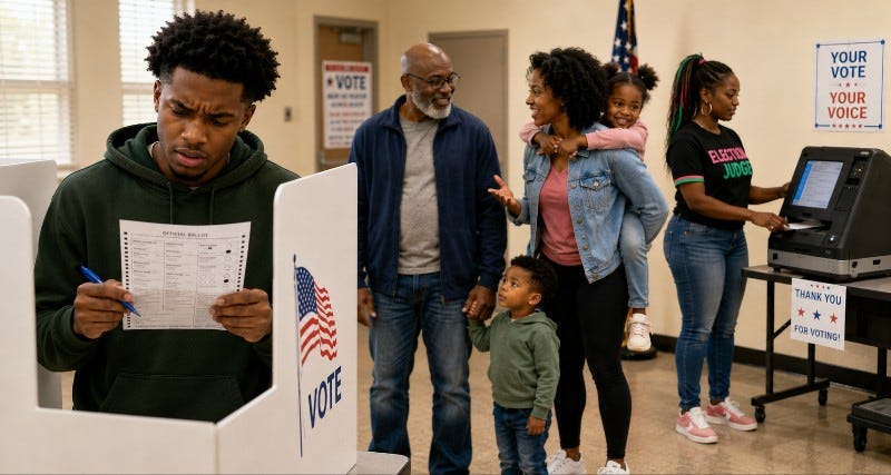 Confused voter stares at ballot while people stand in line ready to vote