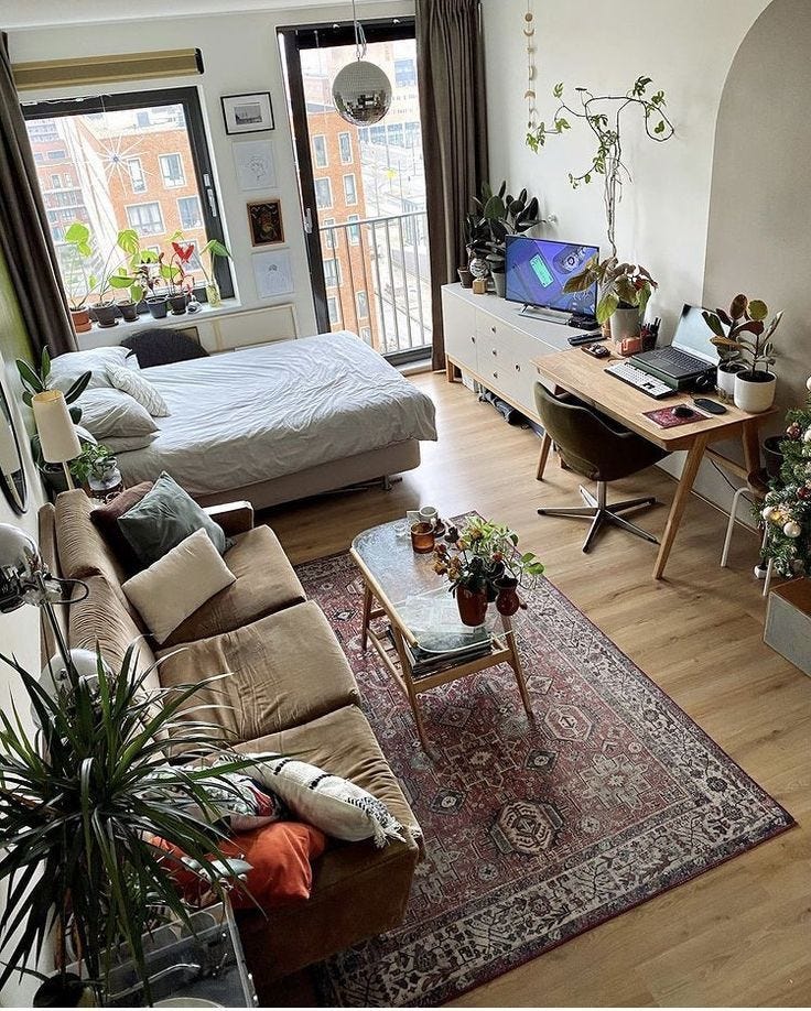 This may contain: a living room filled with lots of furniture and plants on top of a wooden floor
