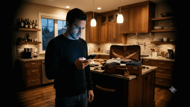 A man in a dark sweater and jeans stands in a dimly lit, high-end kitchen, his face illuminated by and intensely focused on the screen of his smartphone. Behind him, on the marble island, sits an open, packed, luxury leather travel bag. His expression is serious, showing anxiety as he stares at the screen. The scene suggests he is making a stressful decision while viewing something critical, like market fluctuations or bills, linking his travel plans to economic worries.