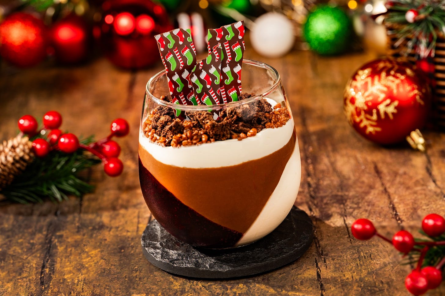Flourless Black Forest Trifle: Layers of cherry liqueur compote, chocolate crémeux, chantilly cream, and festive chocolate pieces