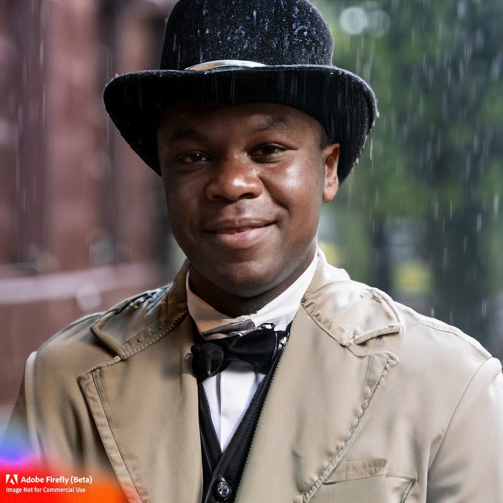Realistic portrait photo of a young black man wearing period clothing wearing a hat in the rain, smiling at the camera. Realistic portrait photo of a young black man wearing period clothing wearing a hat in the rain, smiling at the camera.