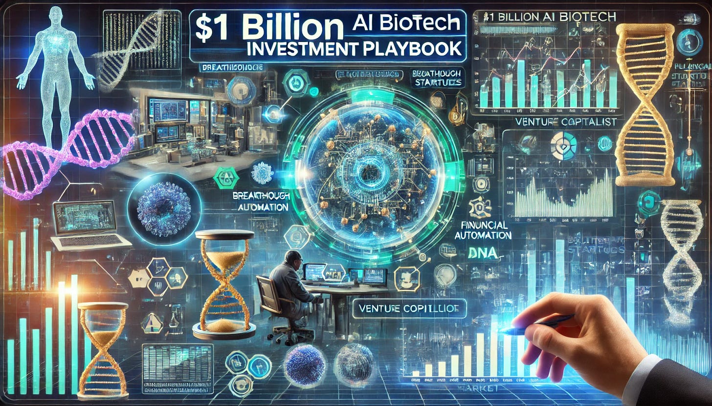 A futuristic and high-tech image representing a $1 billion AI biotech investment playbook. The scene features a venture capitalist reviewing AI-driven biotech data on a holographic screen, highlighting breakthrough startups and financial growth trends. The background includes an advanced laboratory with robotic automation analyzing DNA sequences, futuristic medical technology, and stock market charts indicating billion-dollar opportunities. The color scheme blends deep blue, neon green, and gold, symbolizing innovation, exclusivity, and financial success.