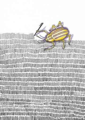 A bright yellow bug with a rounded body and two darker yellow stripes on her back. She also holds a pen and is making a short line. The bottom two thirds of the page are covered in rows of these short lines.