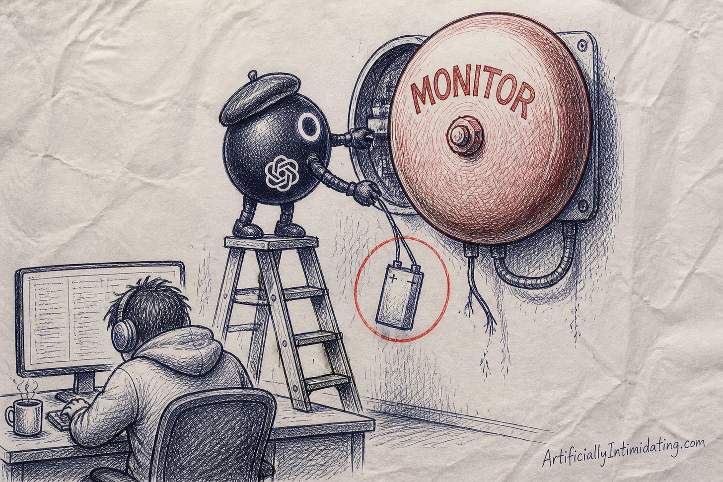 A small round black bot in a beret with the OpenAI flower mark on its chest stands on a stepladder and pulls the battery out of a big red wall alarm bell labeled MONITOR, while a hooded engineer in headphones works at a desk with his back turned.