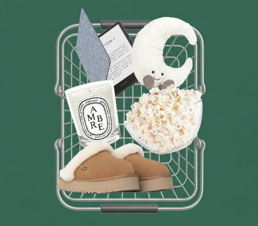 Cozy wishlist basket on a solid green background