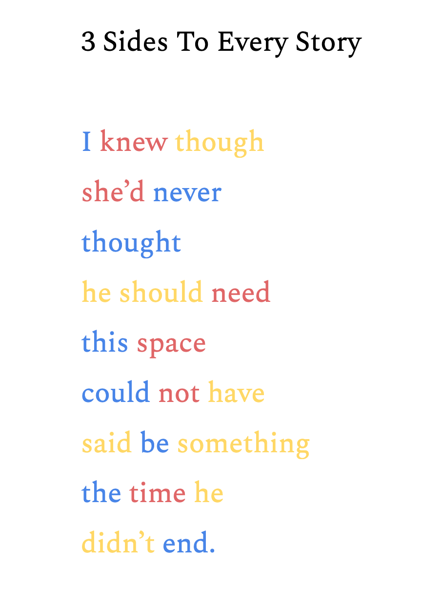 The printed text for the poem '3 Sides To Every Story', with different words highlighted in red, blue and yellow. 