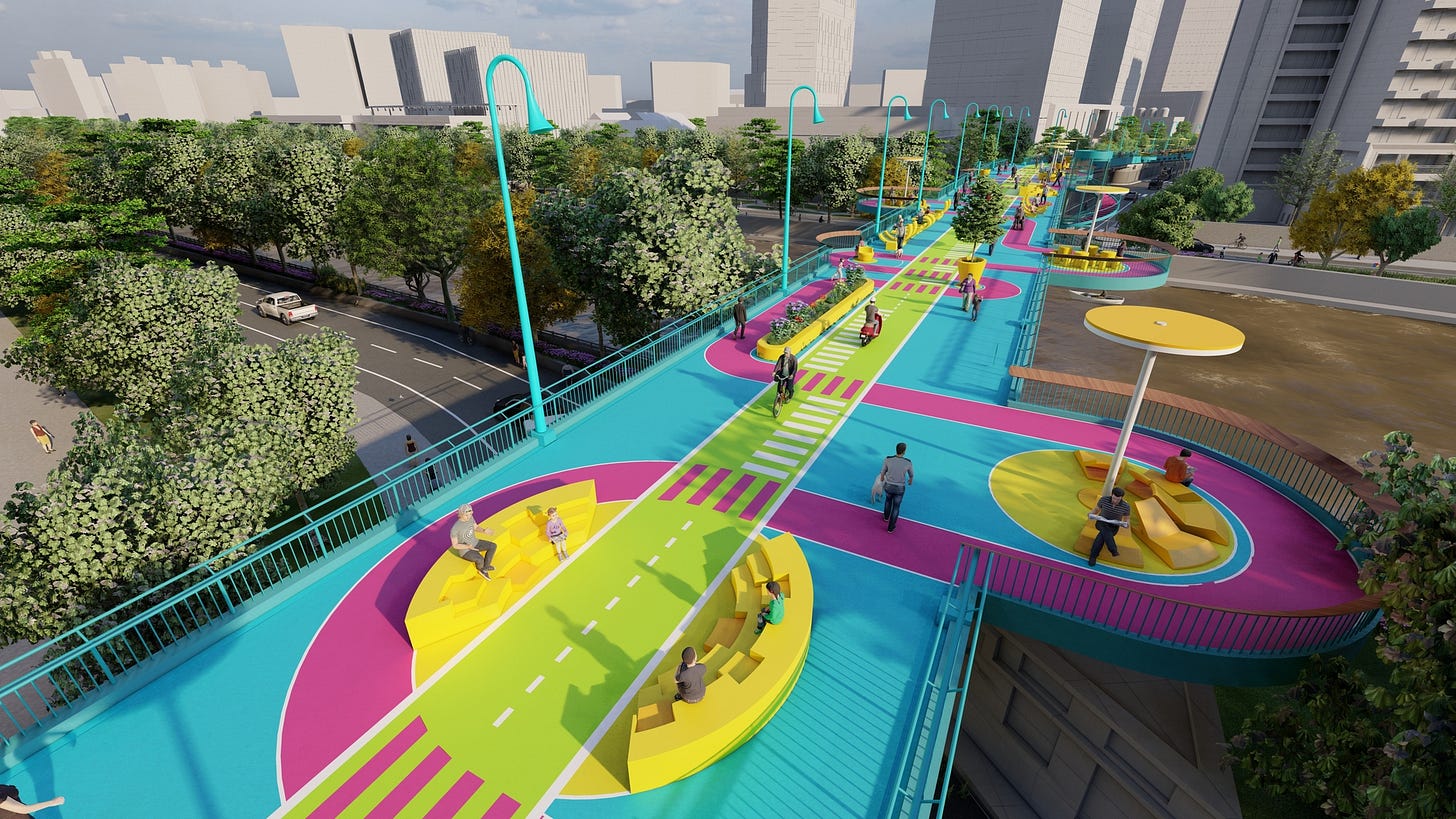 Gallery of 100architects Regenerates Pedestrian Bridge in Shanghai, China,  with Colorful Spaces - 3
