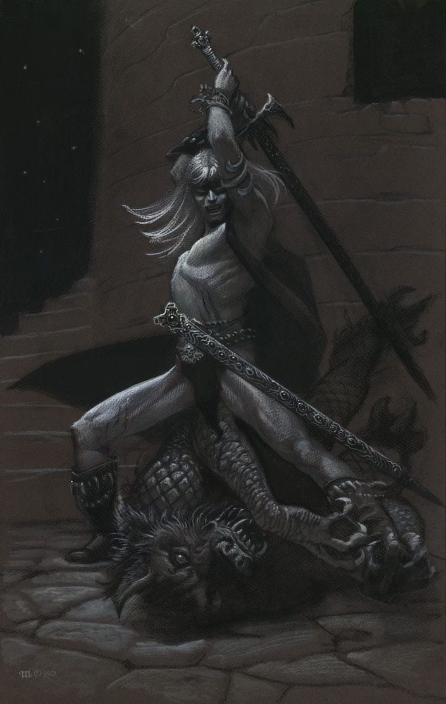 Preliminary concept for ELRIC DEMONSLAYER. Elric stands over a scaled demon. He draws back Stormbringer in a two-handed grip, ready to deal a killing blow. Elric