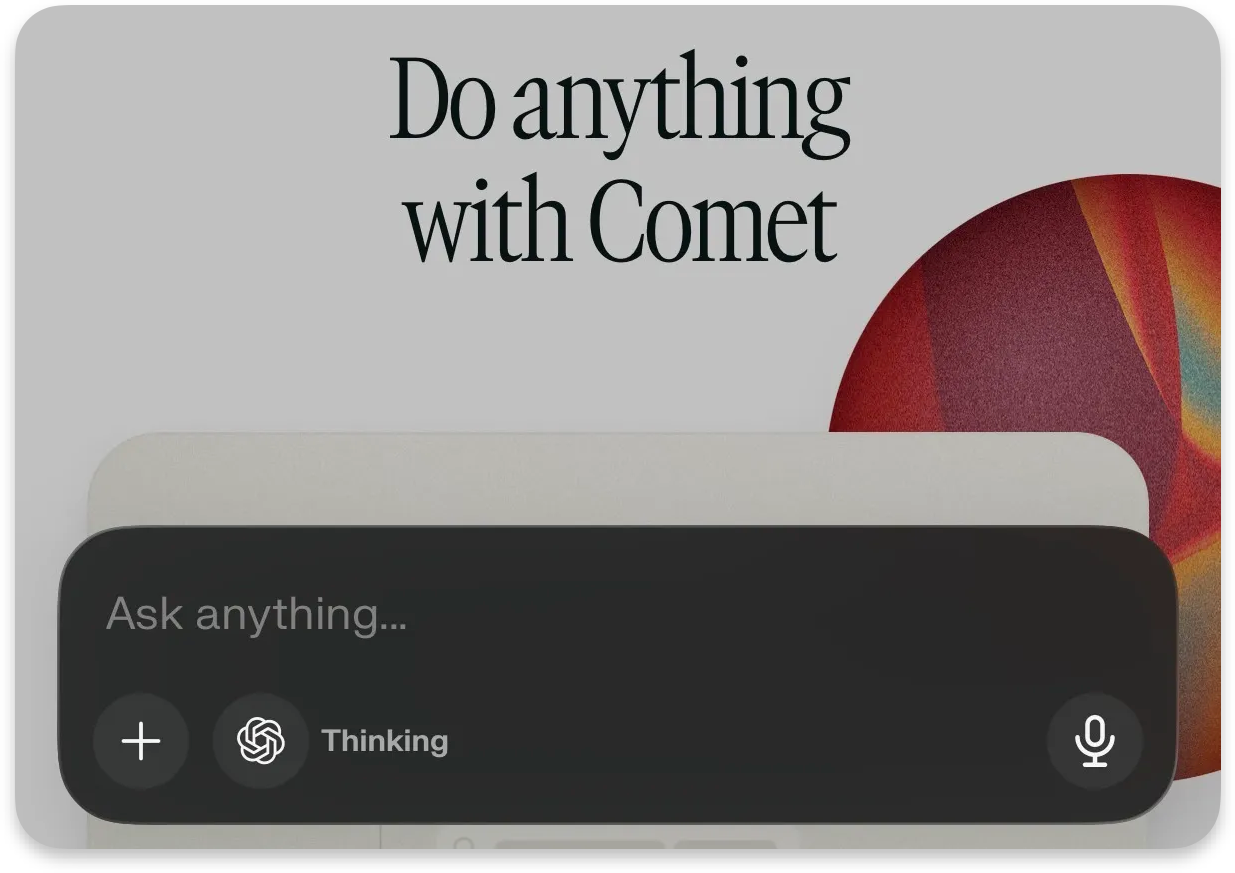 Perplexity Comet AI browser interface on iPhone showing “Do anything with Comet” headline and AI assistant input bar for agentic web browsing
