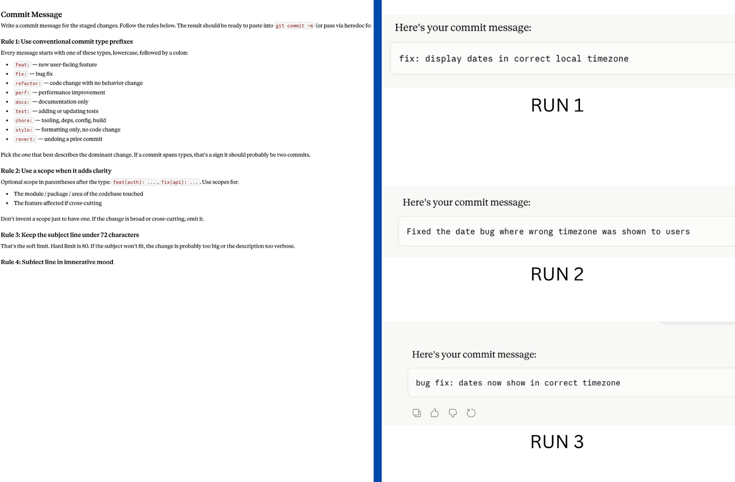 Three different commit message outputs from the same Claude skill without worked examples