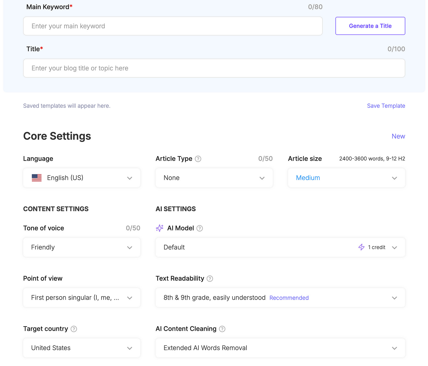 SEOwriting.ai settings contains: 1-Click Blog Post generator, Main Keyword, Tite, Tone, AI Model, Point of view, Target Country, text readability, and other SEO inputs
