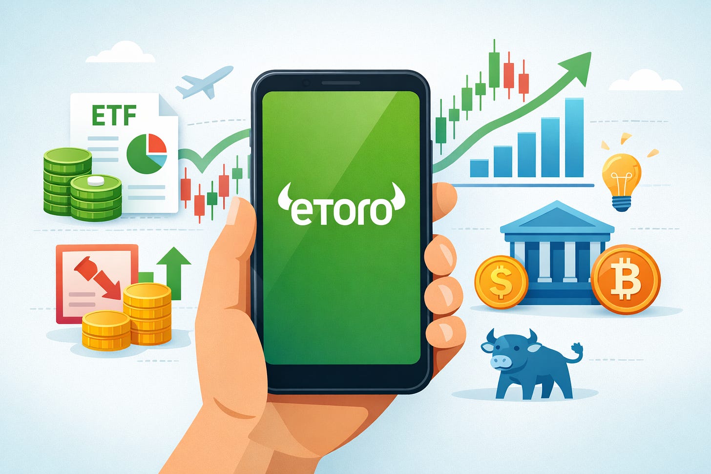 Illustrazione piattaforma eToro con grafici di investimento e ETF.