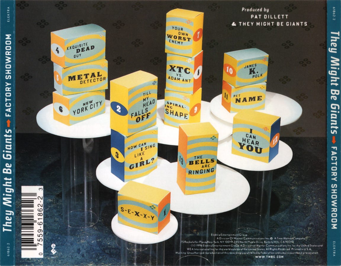 Back cover of Factory Showroom by They Might Be Giants, showing the track list and album credits in a minimalist black-and-white layout.