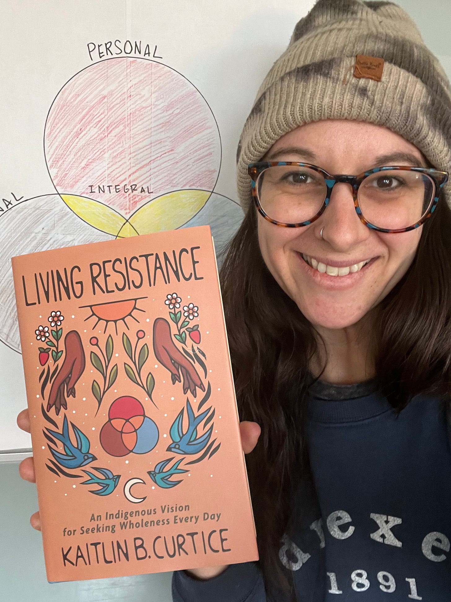 Kaitlin holding up the book in front of a piece of paper that has the realms of resistance drawn in marker on it 