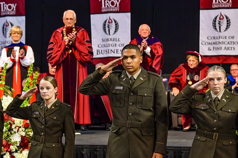 Various photos of graduates at Troy University's commencement ceremony.