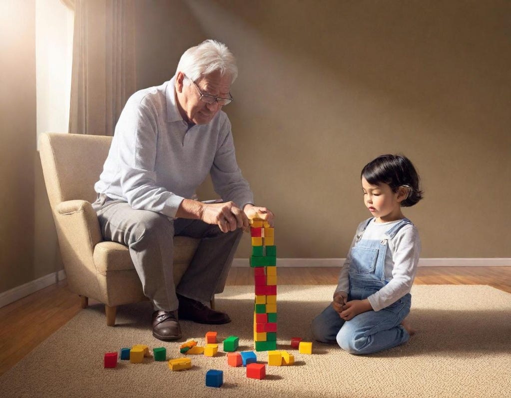 An 87-year-old man sits puzzled in a worn recliner, watching his four-year-old great-granddaughter build a tall tower with colorful blocks on the carpet, bathed in warm sunlight. An 87-year-old man sits puzzled in a worn recliner, watching his four-year-old great-granddaughter build a tall tower with colorful blocks on the carpet, bathed in warm sunlight.