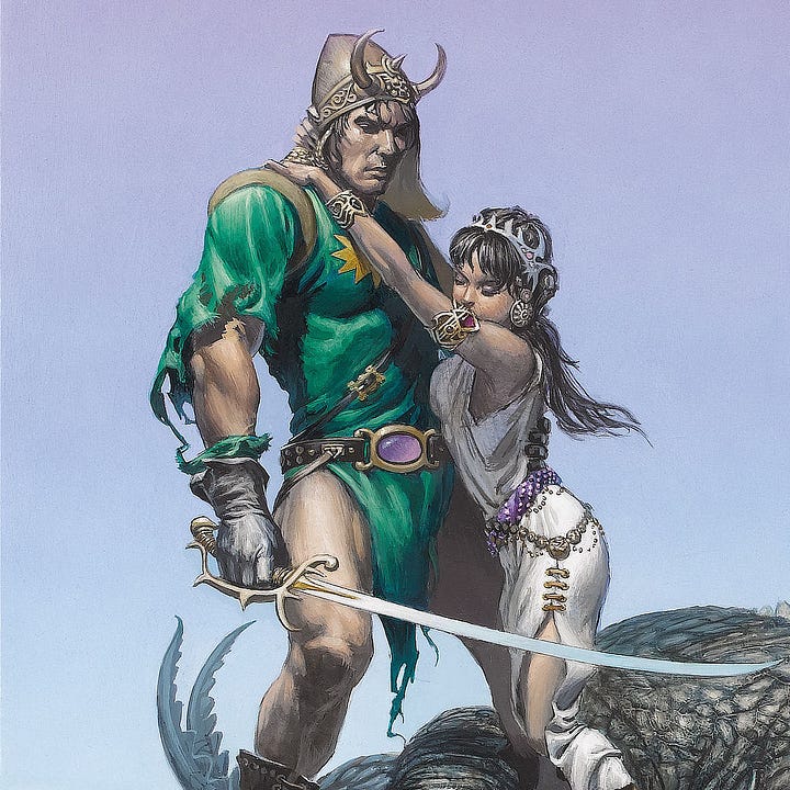 LEFT: Figure detail from RENEGADE OF KREGEN featuring the hero standing tense in the aftermath of battle. A dark-haired damsel with eyes pressed closed reaches up to grip one shoulder and wrap her other hand around his neck as if needing him to support her weight. She wears a sleeveless white dress with a slit well up her thigh. Her bracelet, jeweled armband, and tiara give the impression of wealth. Her arm covers a starburst crest on his green tunic.The blade of his sword is slightly curved with a single edge. The crossguard curls in a flourish at one end nearest his thumb and ends opposite in a point, both elegant and dangerous. Similarly short spikes punctuate the curve protecting his grip, as if the hand guard could be weaponized when punching. A lavender jewel, smooth and ovular, is set within the bronze of his belt buckle. RIGHT: Close detail from RENEGADE OF KREGEN featuring the corpse of a gray lizard that fell with one clawed appendage draped over a boulder. Its head rests on the ground below with bright blood streaming from the side of its head. The lower jaw juts out in an underbite exposing a row of fangs clearly no longer a threat in its collapse. Nostrils are spaced widely as its snout slopes back between eyes set at the side of its head. The lower lid of one eye droops lifeless. The amber iris that fills the socket is slit vertically like serpent. All of the energy and life has drained out of the creature.