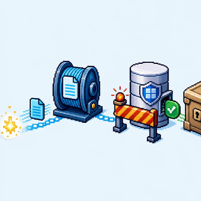 Pixel-art document flowing to a cable spool, then a striped barricade, a shielded cylinder, a green check, and a crate with a keyhole Pixel-art document flowing to a cable spool, then a striped barricade, a shielded cylinder, a green check, and a crate with a keyhole