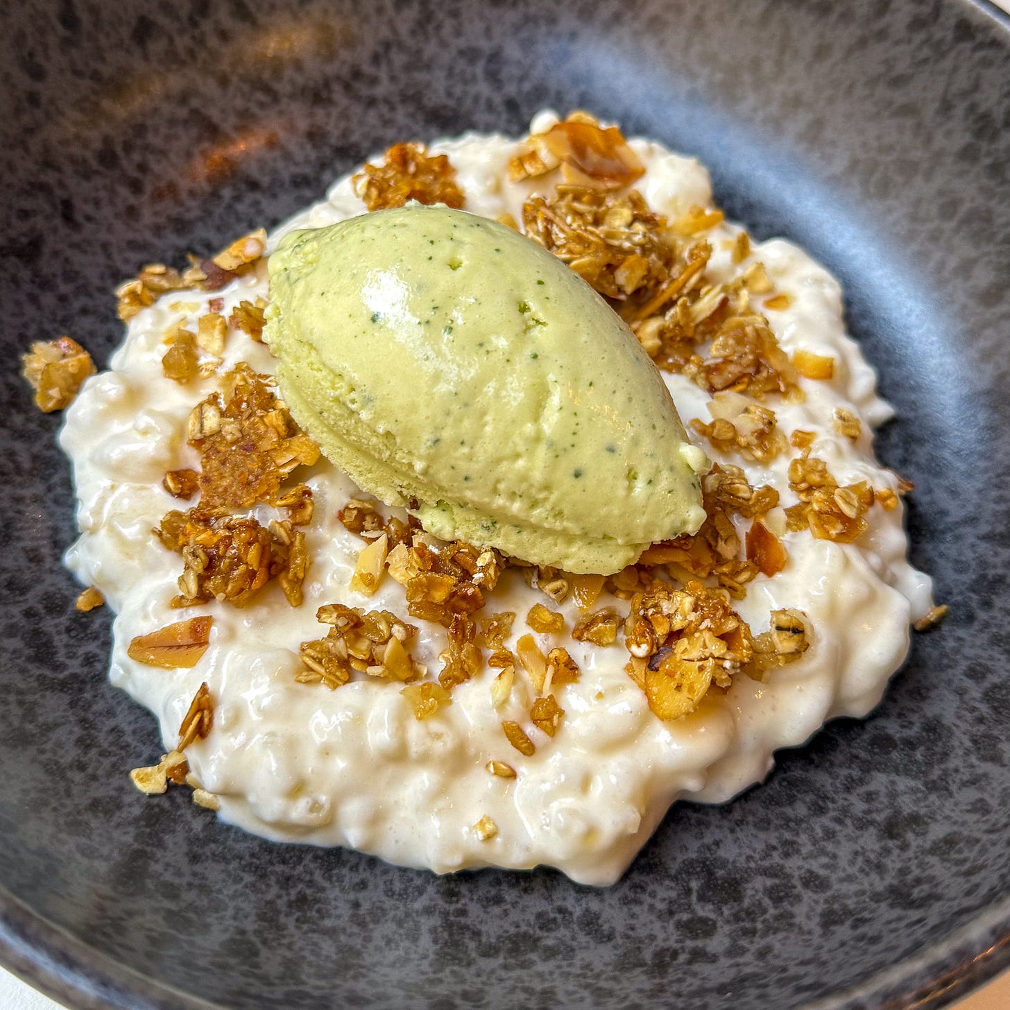 Riz au lait with sorrel ice cream and crunchy granola at Argile, Paris 9th Riz au lait with sorrel ice cream and crunchy granola at Argile, Paris 9th