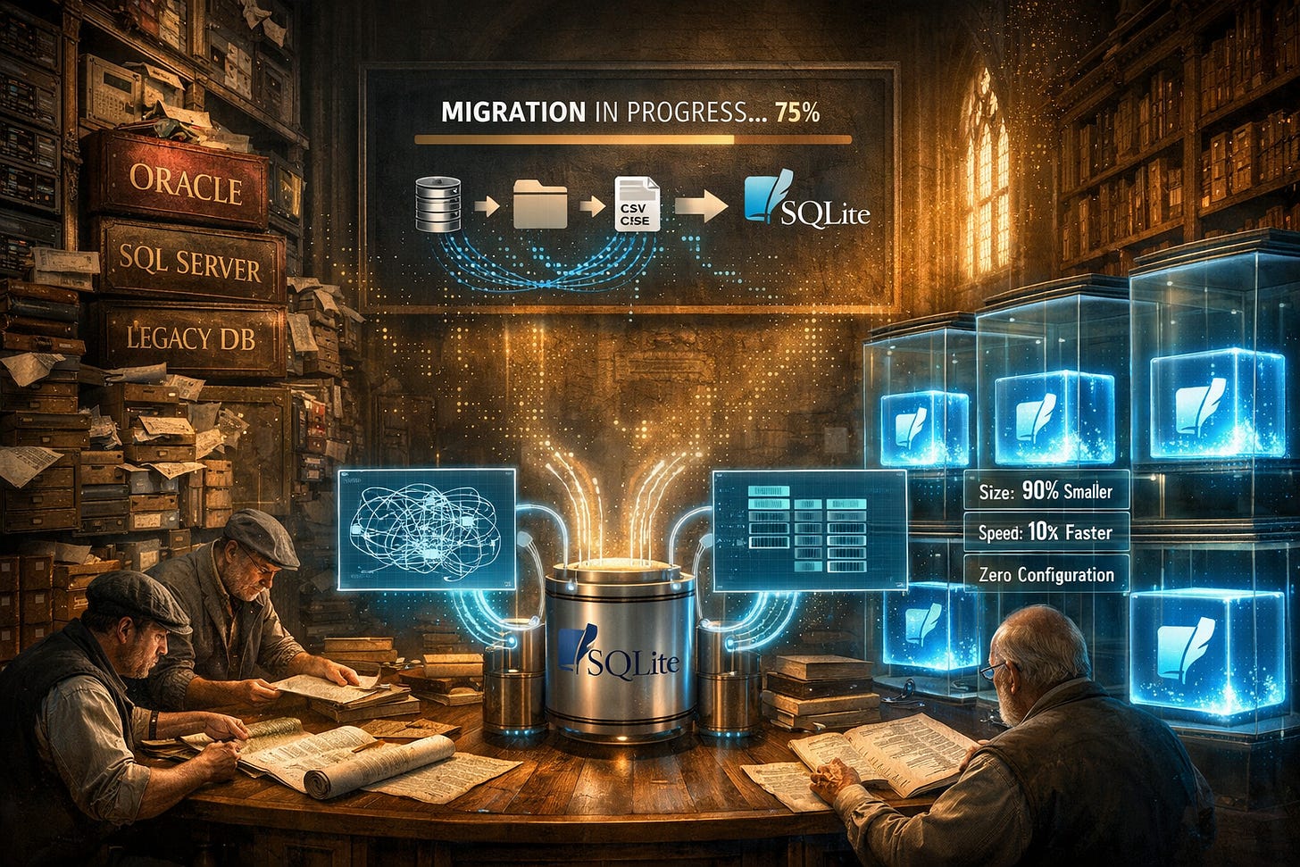 Archivists migrating legacy databases to SQLite with holographic displays showing 75% progress. Archivists migrating legacy databases to SQLite with holographic displays showing 75% progress.