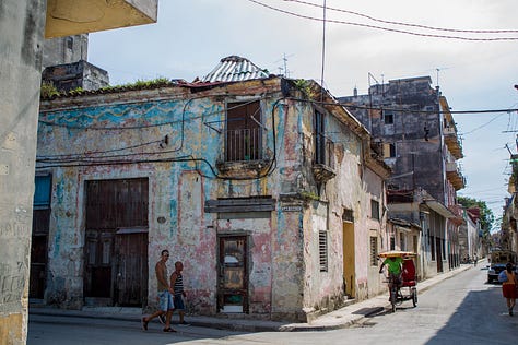 A second 3x3 grid of nine photographs from Havana, Cuba. The images show daily city life, including: kids jumping off the Malecón sea wall, people fishing at sunset, boys playing soccer in the street, classic American cars, a mural of Che Guevara, a dilapidated building, and a street vendor with a fruit cart.