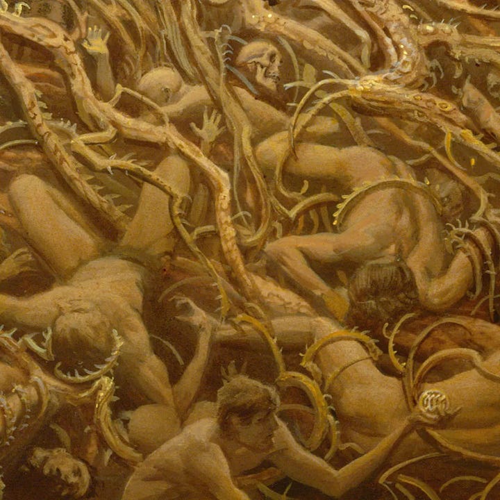 LEFT: Detail from EVILE featuring the central figure with elongated arms raised in a chilling flex to wrap around a cloudy planet hovering over its shoulder.  RIGHT: Detail from EVILE featuring the right side of the mound and the orange smog-tinted background consisting of a line of factories spewing dark smoke that drifts rightward. Naked men and women ensnared by spiked roots in the mound. Some fight against their hold trying to life themselves out. Some fall in agony as they are pulled into the mass. Others recline in pleasure. Mixed throughout are human skulls.