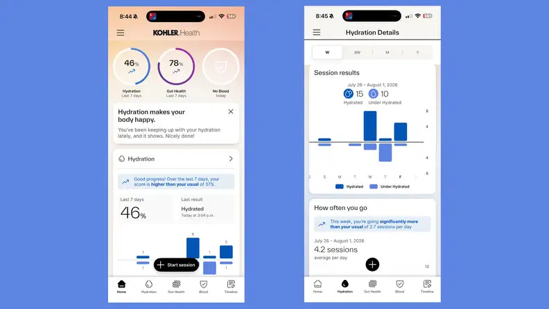 Side-by-side view of Dekoda health insights displayed in the Kohler app.