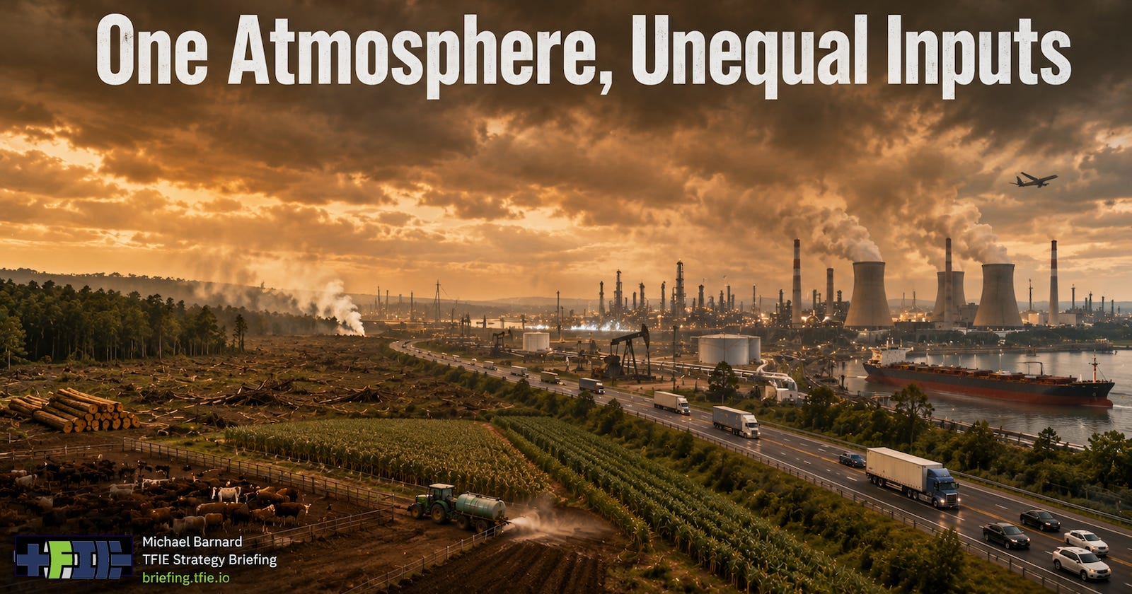 Agricultural foreground and sprawling fossil-fuel infrastructure share a heavy atmospheric sky.