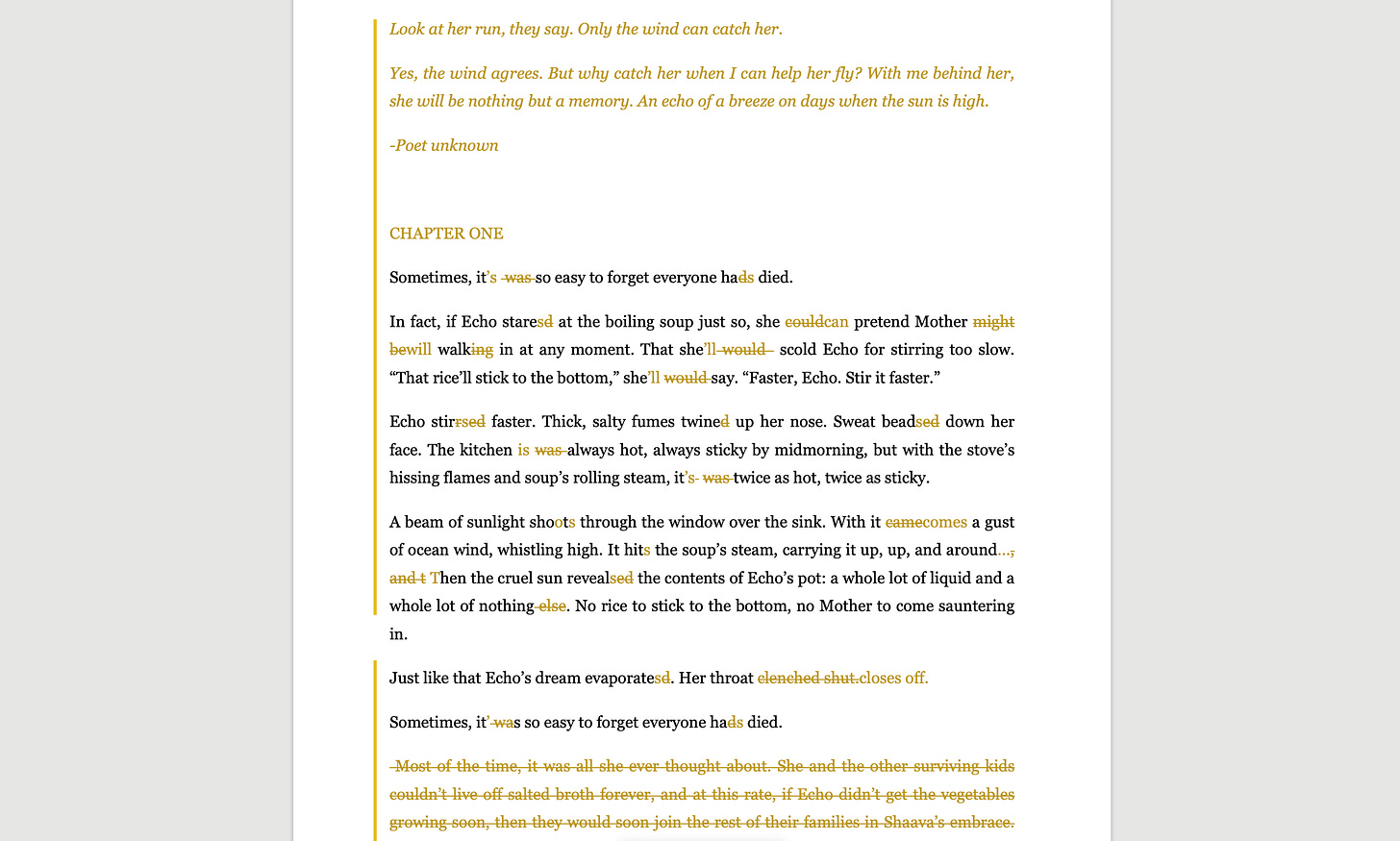 A screen shot of Susan's edits on Screechers in track changes--lots of deletions and adds!