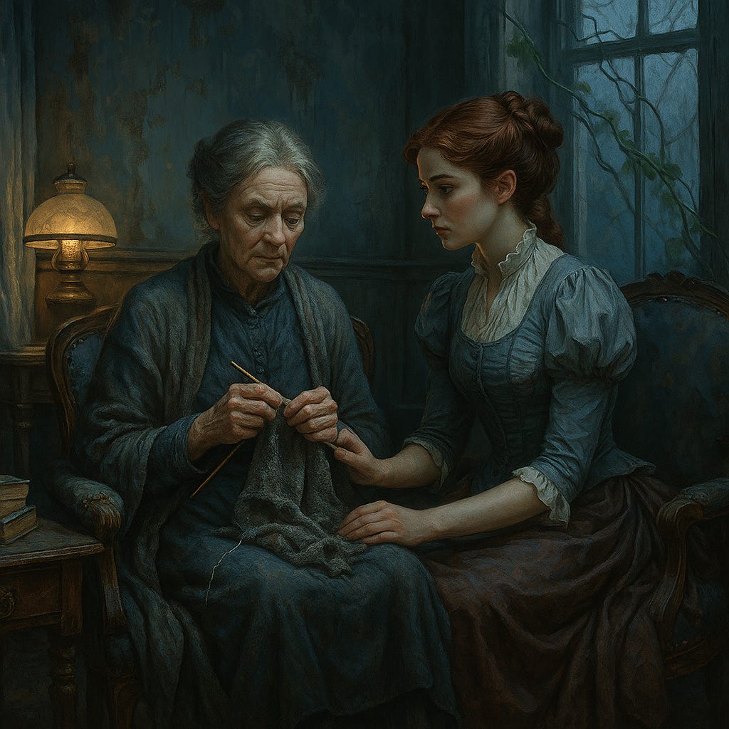 Berenice's mother knits as Berenice tells her about the move.