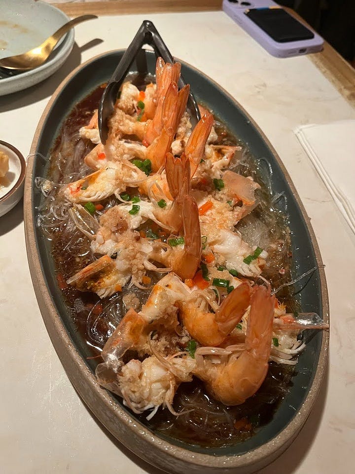 Arden at CheLi, the butterflied prawns with garlic noodles