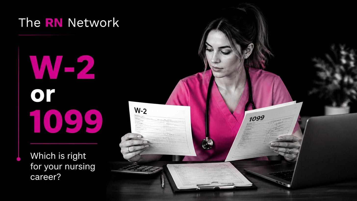 Real nurse in black and pink scrubs comparing W-2 and 1099 forms at a desk with RN Network logo