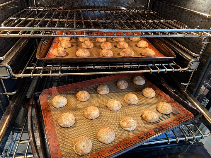 left: raw cookie dough balls being rolled in cinnamon sugar spice; right: cookies baking on trays in the oven