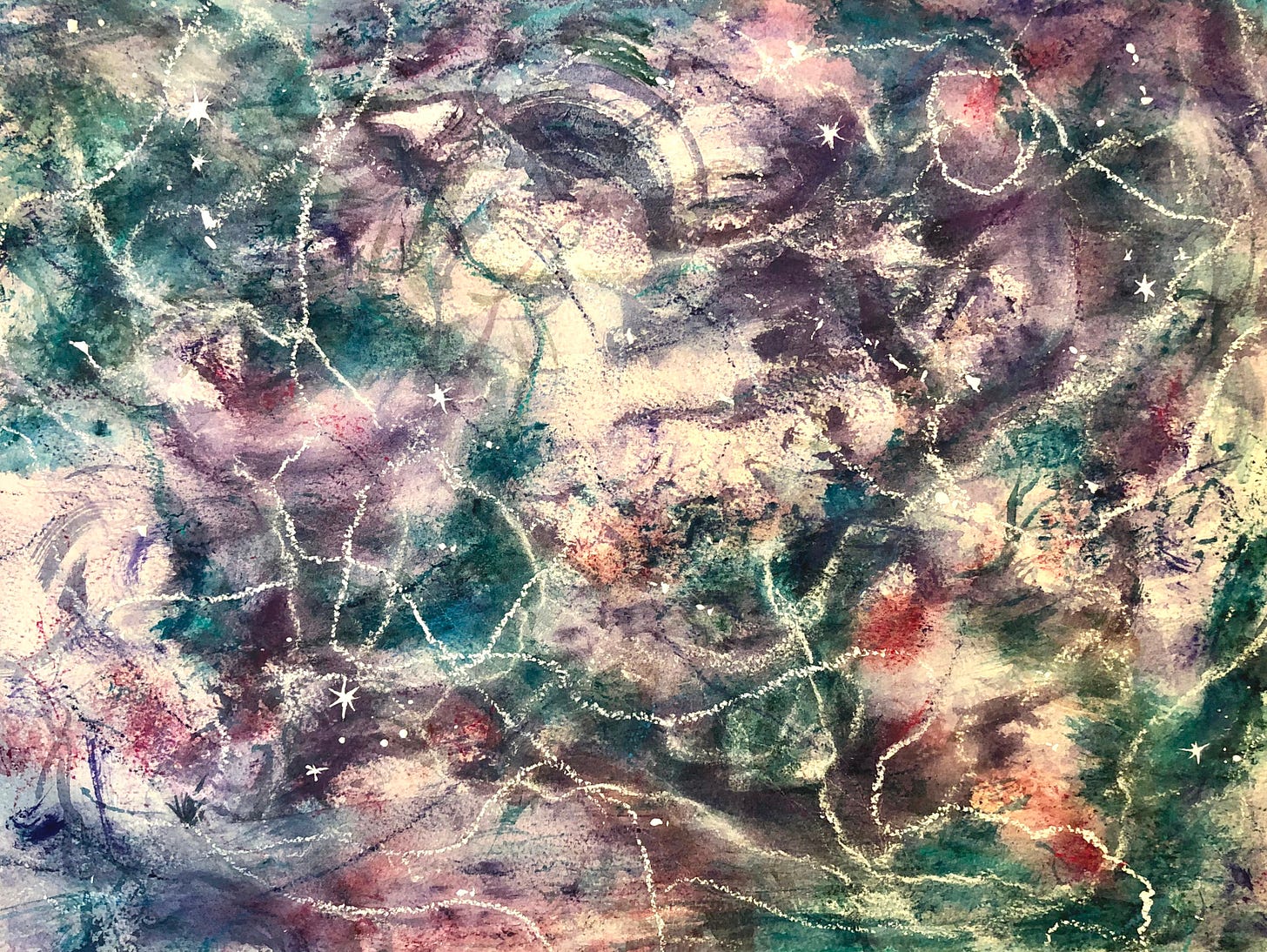 A dreamy abstract watercolor featuring soft layers of violet, turquoise, and pink, with white lines and stars forming a cosmic map. 