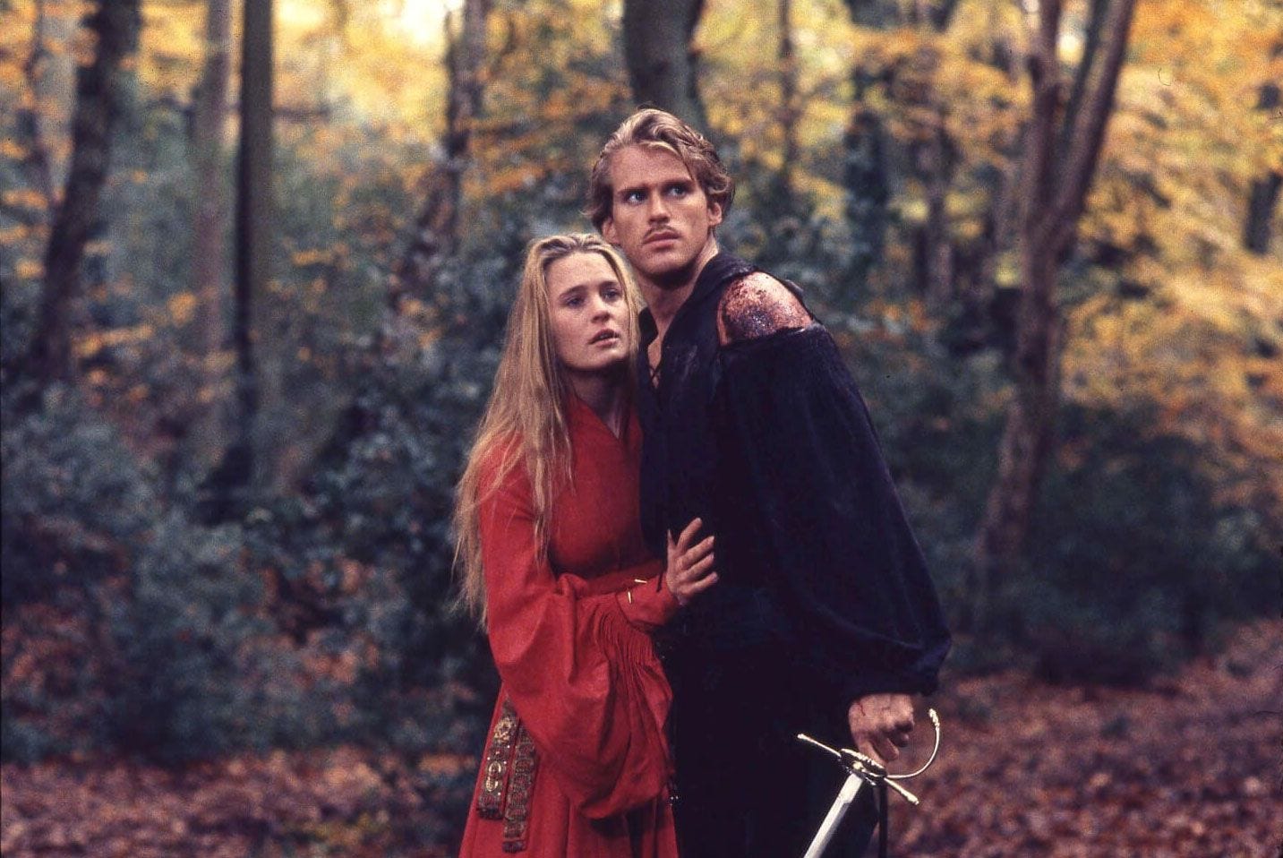 Cary Elwes and Robin Wright in the woods looking all in-love and heroic.