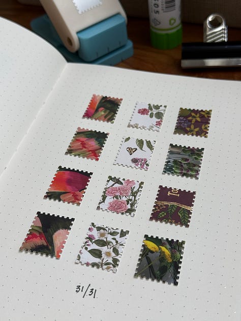 sketchbook showing tiny stamps cut and stuck into it