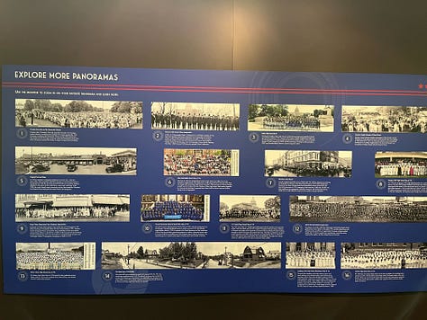 Image 1: Black and white panoramic photos documenting American history through the 70's|| My Apple Watch that I bought from the Carnegie Store|| Opened copy of Fourth Wing while I was reading it || An old Panoramic camera|| Negative film of a photo lined up with it's print|| the welcome area at the Apple store where people learn about Apple products