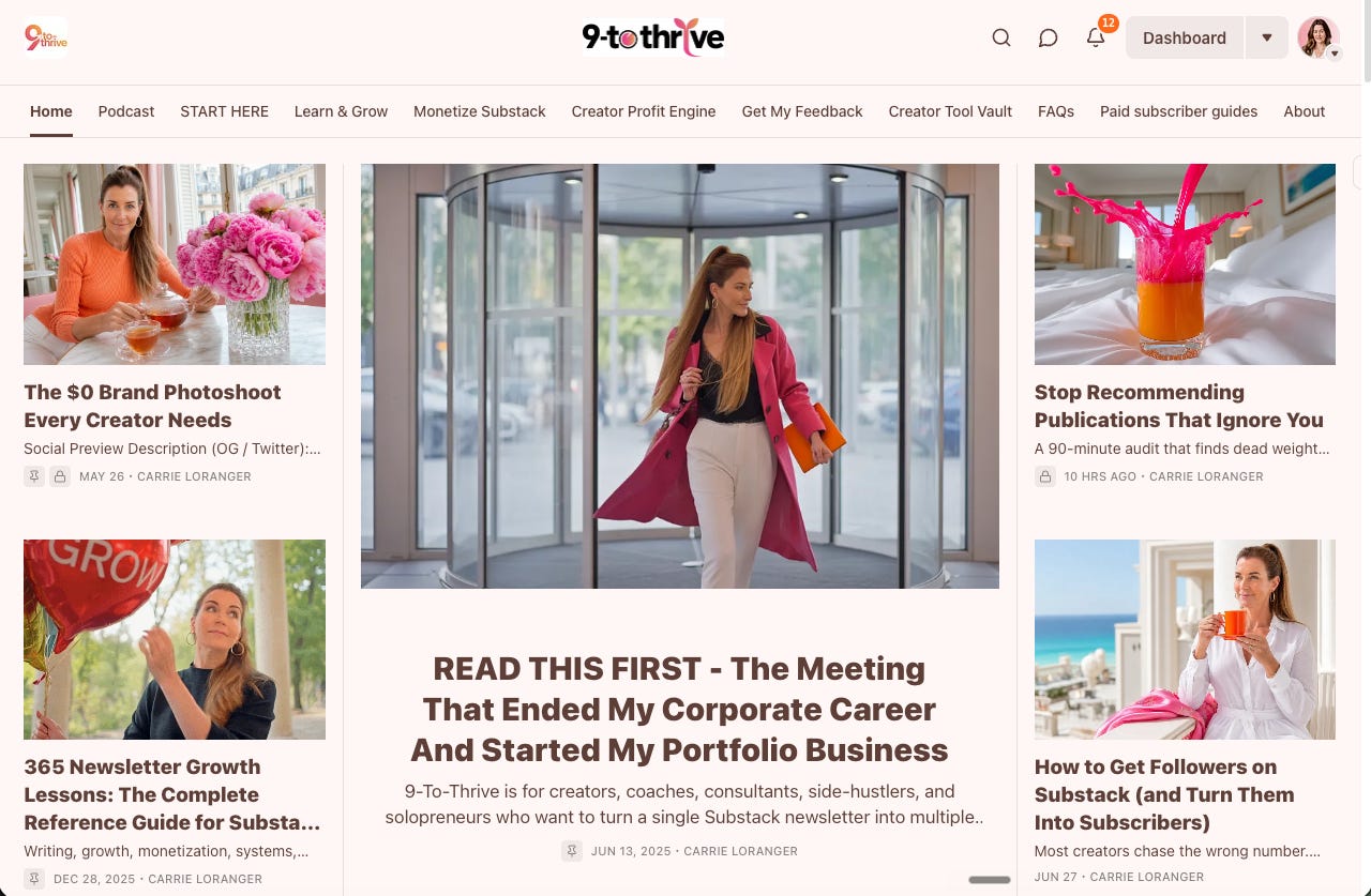 A screenshot of the home page of Carrie Loranger's 9 to Thrive Substack newsletter. 