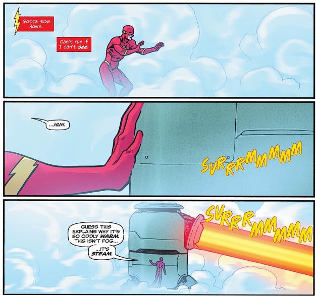 The Flash moves through dense steam and discovers one of Heat Wave’s giant heat generators vaporizing the river.