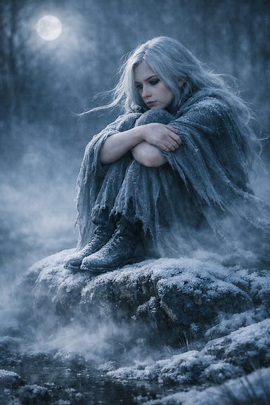 The Dreamer sitting alone on a frost‑covered boulder, knees drawn up, arms wrapped around herself, silver hair drifting in the cold air, moonlight and mist surrounding her, the world holding its breath in quiet sorrow