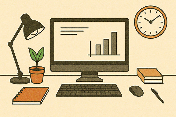 create a drawing, wider than it is tall, of a productive work station. No one standing there, just the work station itself. It should have a large monitor and be very sparsely populated, only having the items on the desk that are essential to work