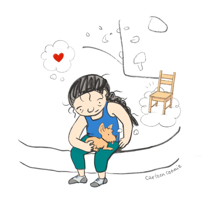Illustration of a climber girl with a small dog sitting on her lap. Titled "For Sarang," 2019, by Connie Sun, cartoonconnie.