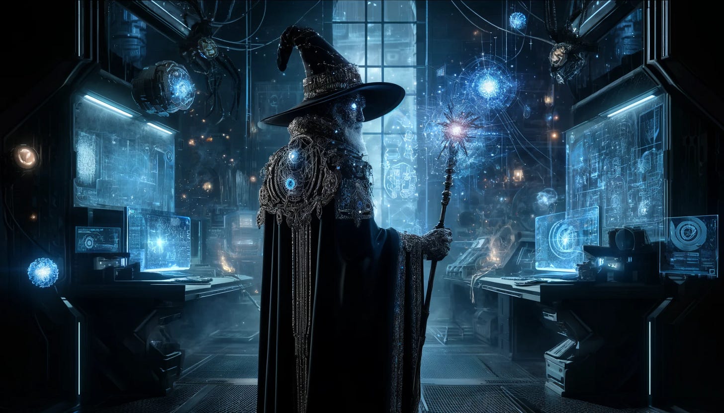 A scene depicting the fusion of dark wizardry and high technology. A wizard dressed in dark robes, adorned with glowing technological circuits, stands in a modern laboratory. He holds a staff with a holographic interface at the top, casting a spell that controls various futuristic devices around the room. The background features advanced computer screens, robotic arms, and a mystical aura blending seamlessly with high-tech gadgets. The atmosphere is dark, with a mystical, ethereal glow emanating from the technology, highlighting the enchanting yet advanced nature of the scene.