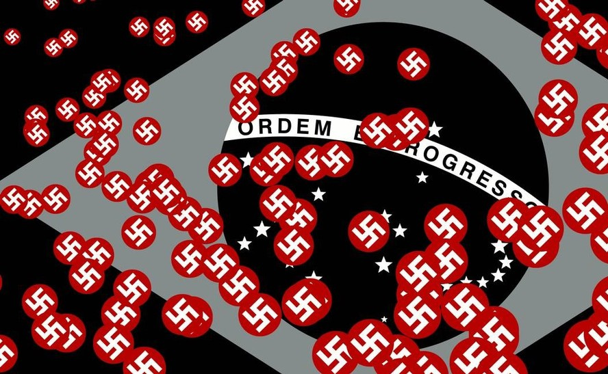 Bandeira do Brasil em preto e branco com símbolos da suástica