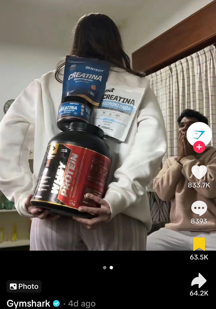 first image is of a little boy holding flowers behind his back for a little girl, and second photo is of adults and the woman is holding workout powders behind her back for the man