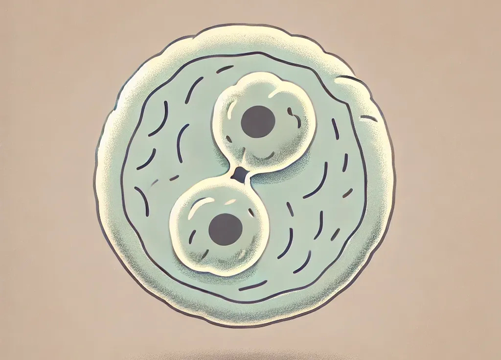 A simple, stylized digital illustration of a cell replicating through mitosis. The image shows a single cell splitting into two identical daughter cells, with visible nucleus division and membrane separation. The background is a soft, neutral color to keep the focus on the cellular process.