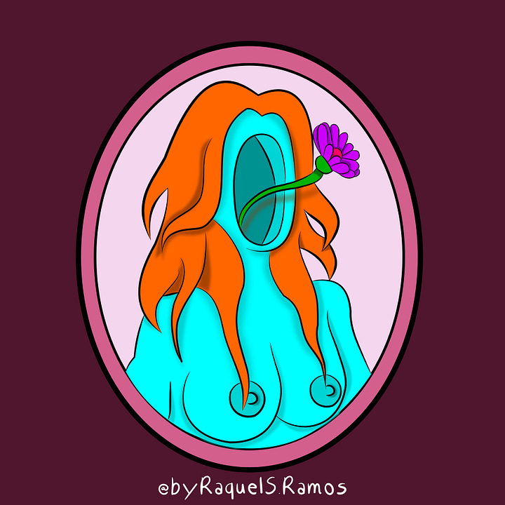 Diagrama com quatro imagens. Imagem 1: Esta obra de arte digital apresenta uma estética surrealista e psicodélica vibrante. A peça centraliza uma figura feminina estilizada, caracterizada por sua pele azul brilhante e cabelos laranja ondulados que emolduram o que seria seu rosto.  Em vez de traços faciais convencionais, há uma abertura oval profunda e vazia no centro da cabeça da figura. Uma flor roxa com haste verde emerge desse vazio. A figura está contida dentro de uma moldura oval rosa sobre um fundo bordô escuro, o que foca a atenção do espectador na personagem central.  Imagem 2: Esta imagem é uma ilustração digital. Uma figura feminina com cabelos curtos em tom pêssego ou rosa claro. No lugar do rosto, há um grande olho verde detalhado, o que dá à personagem uma aparência surreal. Ela usa um vestido de gola alta rosa, luvas vermelhas e botas de salto alto também vermelhas. A personagem está ajoelhada sobre uma superfície amarela. Há uma borda marrom ao redor da personagem, destacando-a do fundo verde claro. Imagem 3: Esta imagem apresenta uma ilustração estilizada de uma figura antropomórfica que combina elementos humanos e vegetais. A pintura é em giz pastel oleoso. Um corpo feminino de cor verde, representado em uma posição sentada de perfil, com os joelhos dobrados e o braço esquerdo apoiado no chão. No lugar de uma cabeça humana, a figura possui uma grande flor amarela e alaranjada com cinco pétalas pontiagudas. A criatura está envolta por uma aura avermelhada e rosa vibrante, que por sua vez é contornada por uma borda branca texturizada. O fundo da imagem é um tom de marrom neutro. O uso de cores é vibrante e os contornos marcados. Imagem 4: Esta imagem é uma ilustração em aquarela que retrata uma pessoa sentada a uma mesa com um aquário no lugar da cabeça. A figura vestindo uma camiseta lilás, está com as mãos apoiadas nas laterais do aquário que substitui sua cabeça. Uma sereia escura é vista nadando no interior do aquário. À frente da pessoa há um notebook aberto. Ao redor, encontram-se objetos cotidianos como um smartphone, uma caneca rosa, um bloco de notas com uma caneta e uma cafeteira italiana (Moka). Sobre a mesa, há um livro e um jornal com textos em português: Um livro intitulado "TUDO SOBRE SEREIAS". Um jornal com a manchete "CABEÇA HUMANA ENCONTRADA EM AQUÁRIO". Uma caixa de "RAÇÃO DE PEIXE" está posicionada no canto inferior esquerdo.