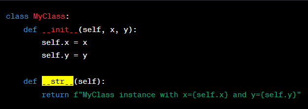 If the __str__ method is not defined for a class, Python will fall back to using the default string representation, If the __str__ method is not defined for a class, Python will fall back to using the default string representation,